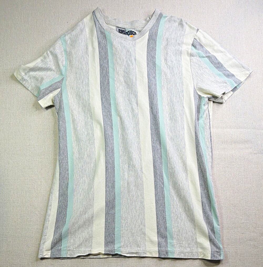 San Francisco Work Shirts Striped Crew Neck Logo T-Shirt Men's M White/Gray/Blue